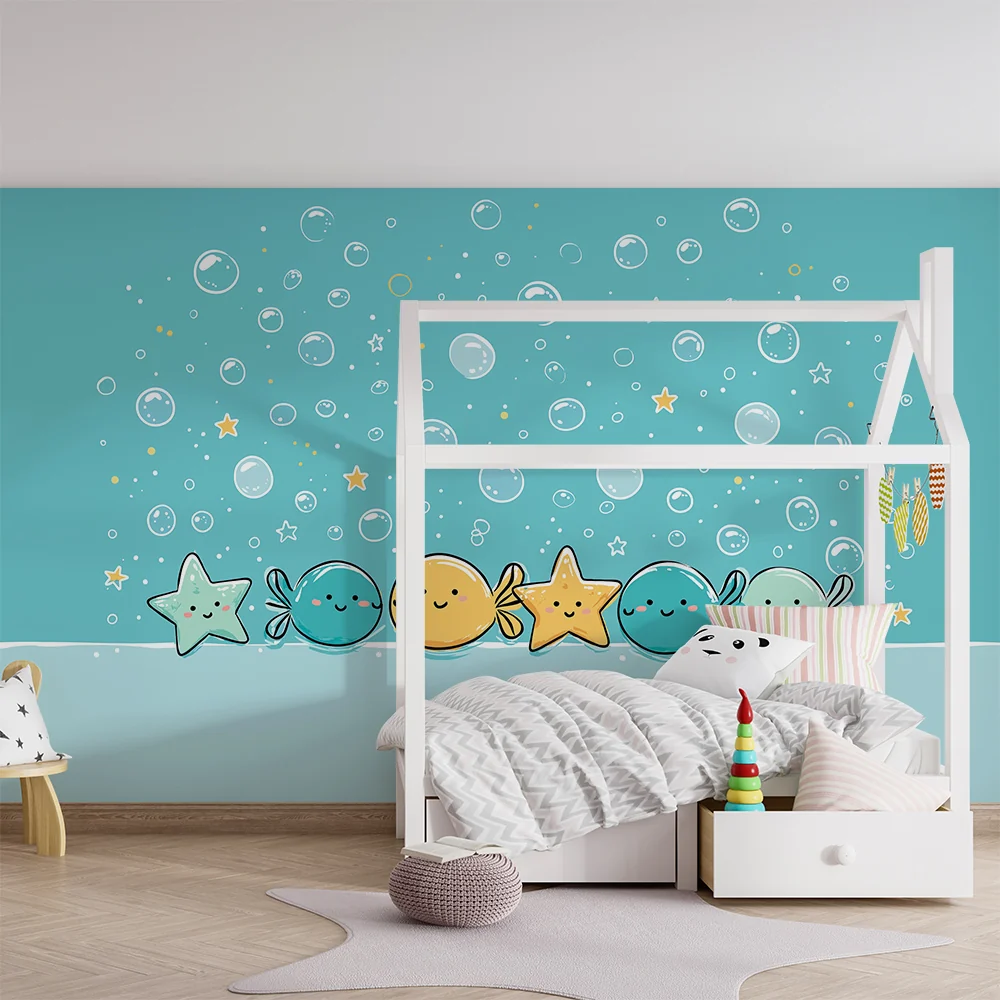 Papel de parede quarto bebê | Забавни морски животни и подводни мехури