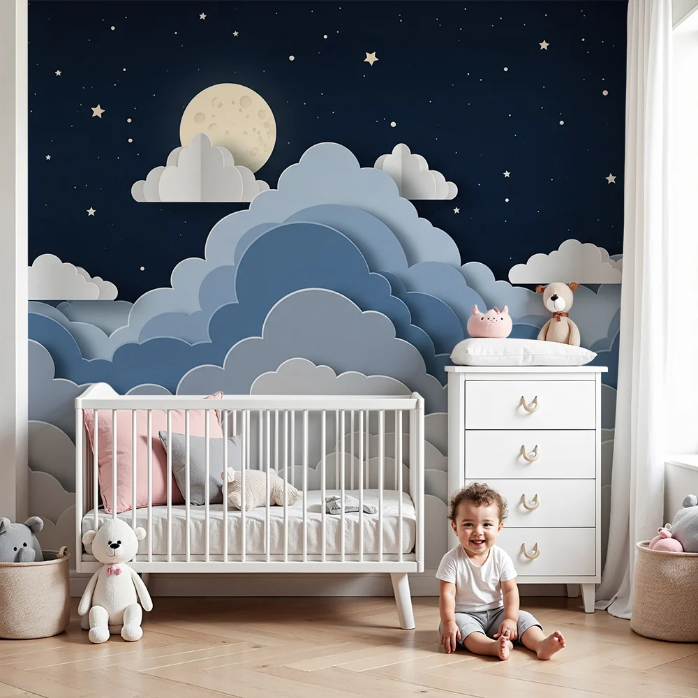 Papel de parede quarto bebê | Звездно небе с облаци и луна