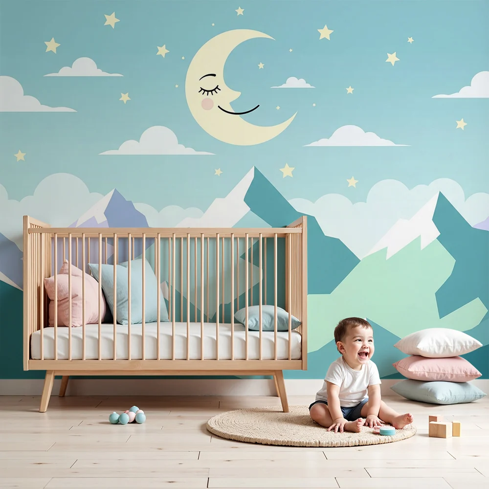 Papel de parede quarto bebê | Нощно небе с меки цветове на планини