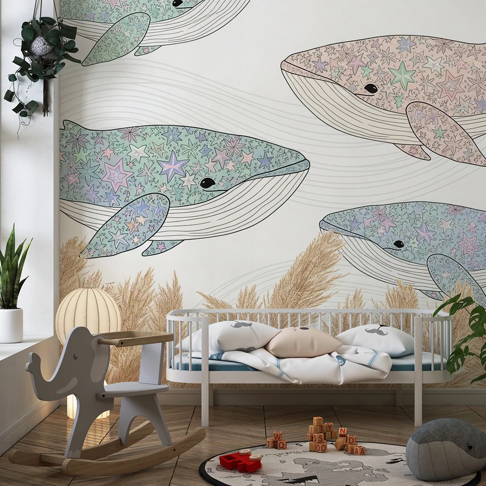 Papel de parede quarto bebê | Цветни китове и звезди в нежен океан
