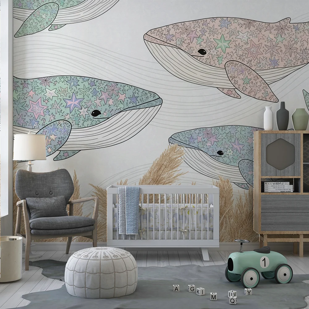 Papel de parede quarto bebê | Цветни китове и звезди в нежен океан
