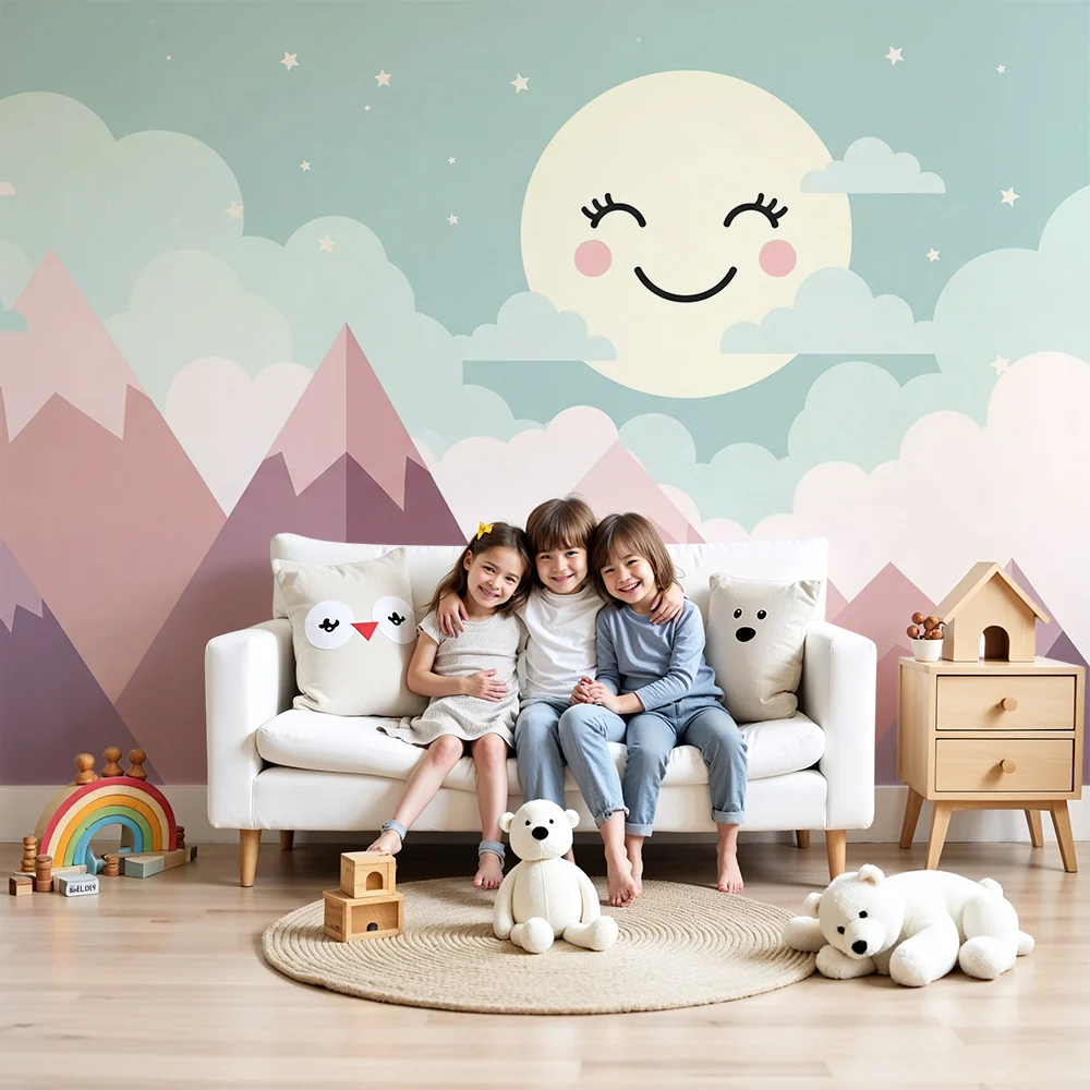 Papel de parede quarto bebê | Меки планини и усмихнат месец
