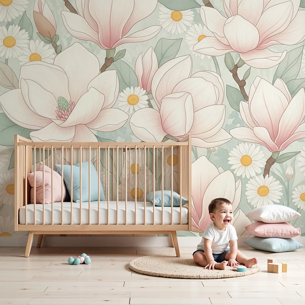 Papel de parede quarto bebê | Магнолии и цветя на маргаритки