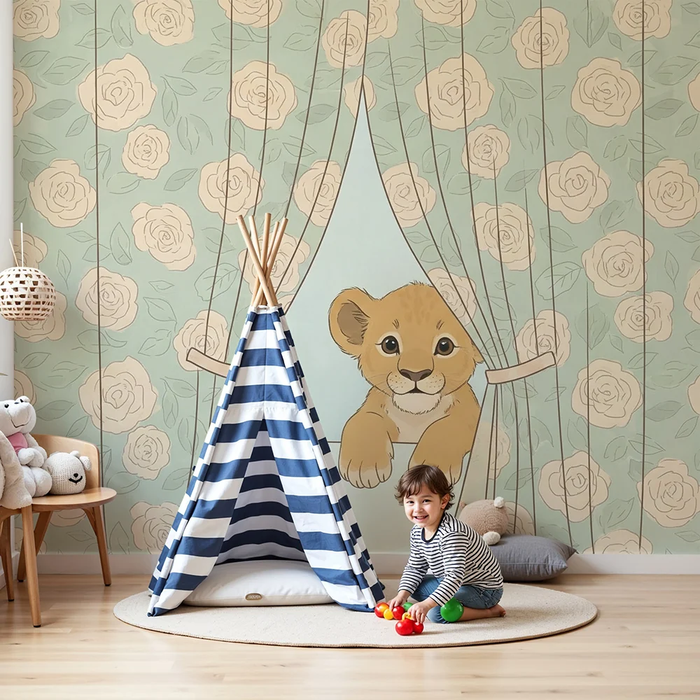 Papel de parede quarto bebê | Лъвче, любопитно зад цветни завеси