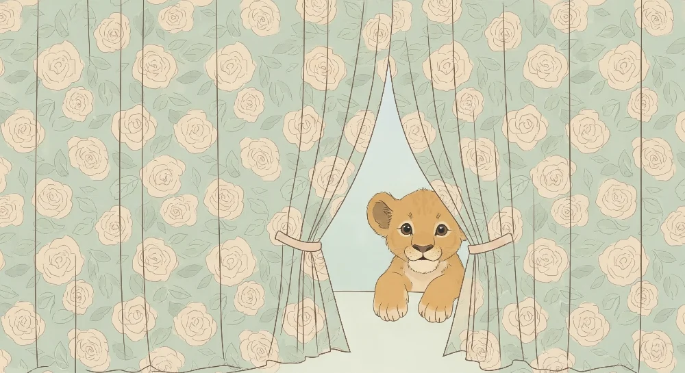 Papel de parede quarto bebê | Лъвче, любопитно зад цветни завеси