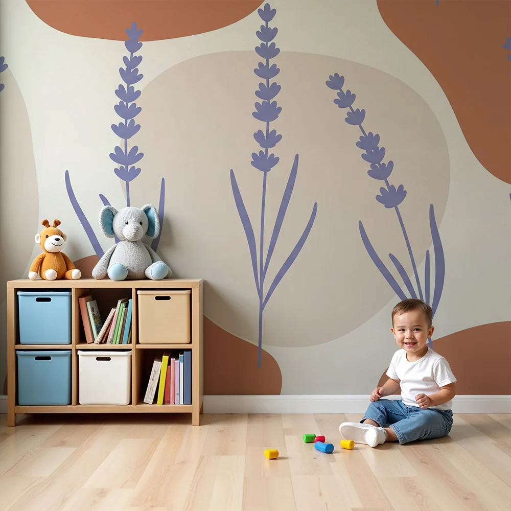 Papel de parede quarto bebê | Лека лавандула и органични форми в успокояващи тонове