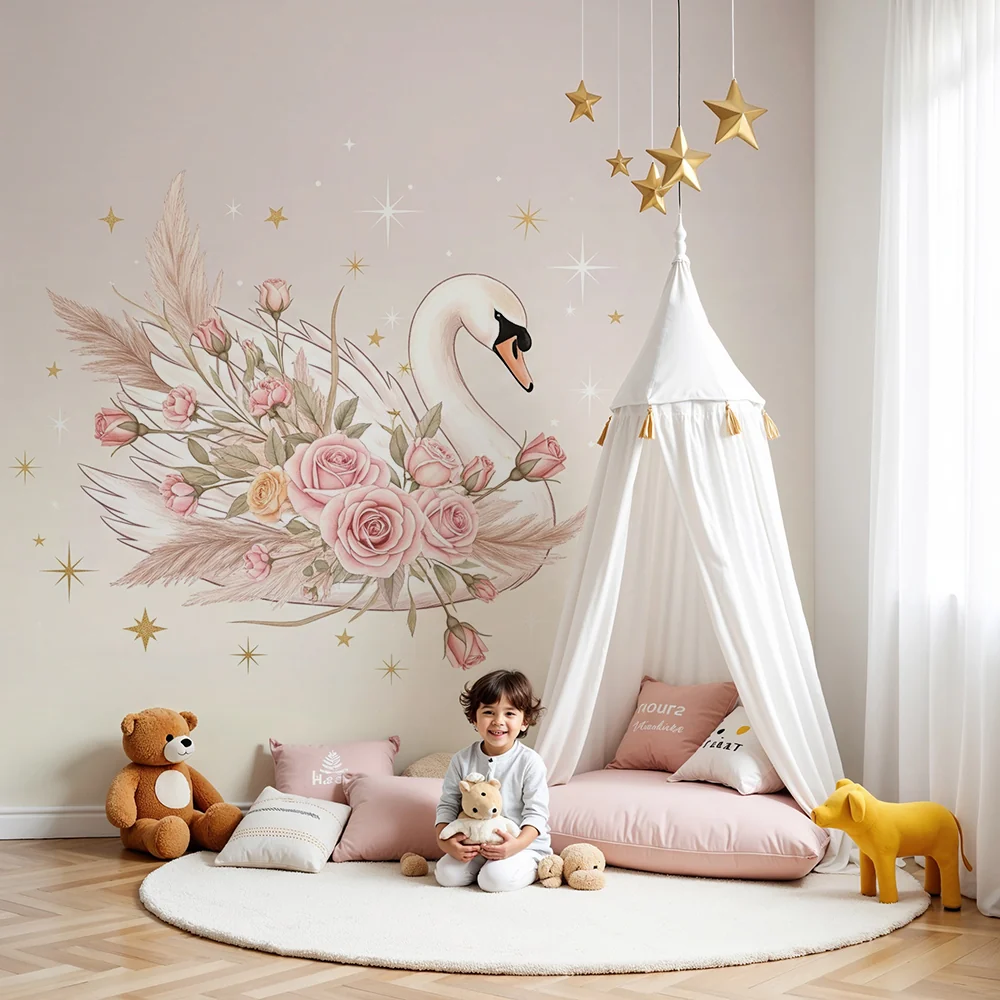 Papel de parede quarto bebê | Елегантно лебед обграден от рози и светещи звезди