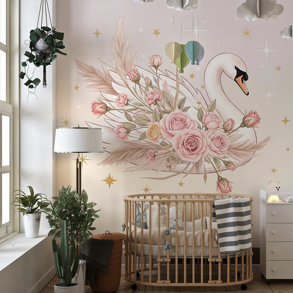 Papel de parede quarto bebê | Елегантно лебед обграден от рози и светещи звезди