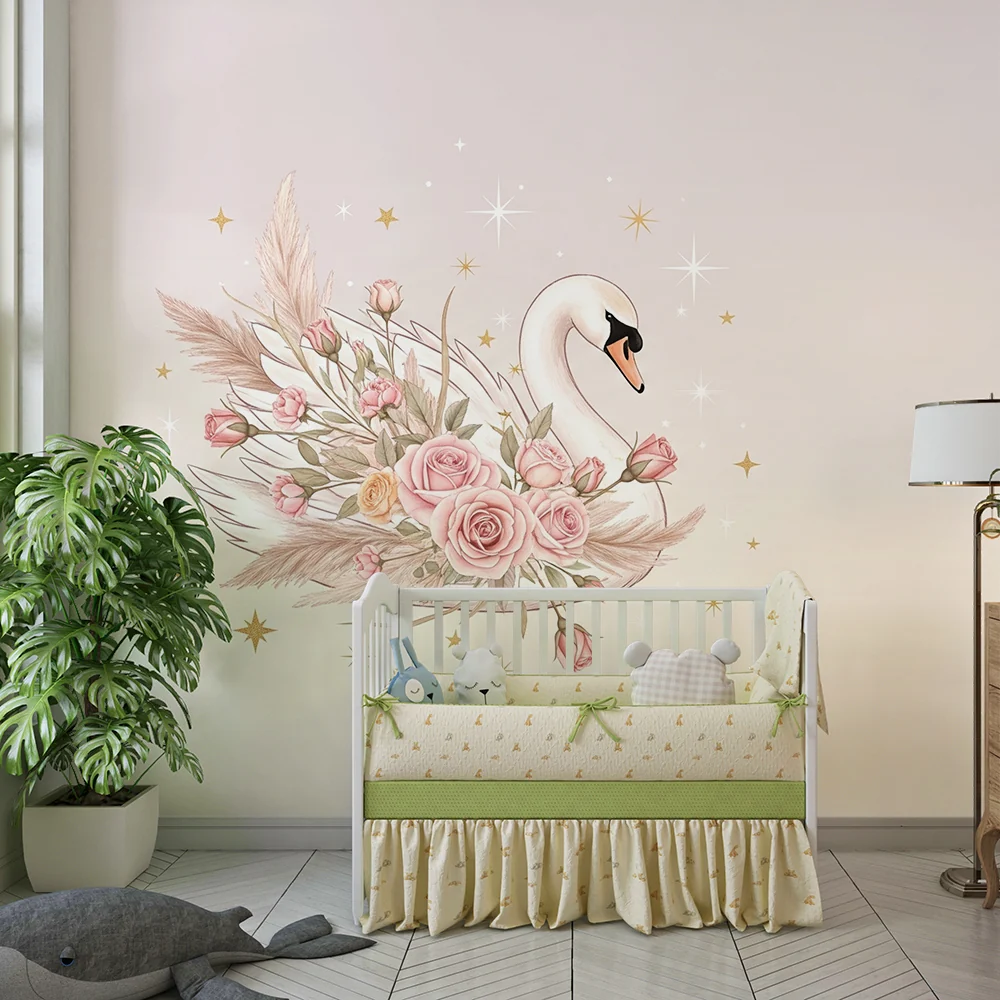 Papel de parede quarto bebê | Елегантно лебед обграден от рози и светещи звезди