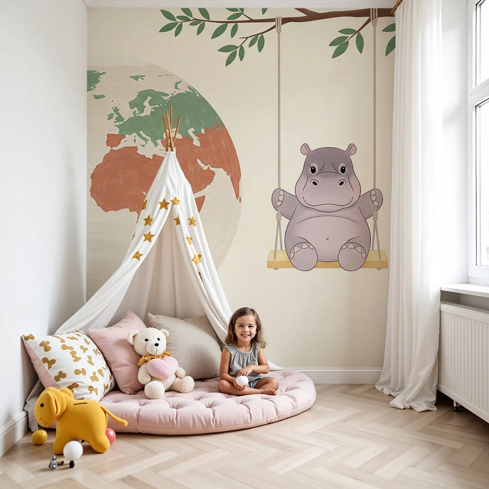 Papel de parede quarto bebê | Весела хипопотам на люлка със света в дъното