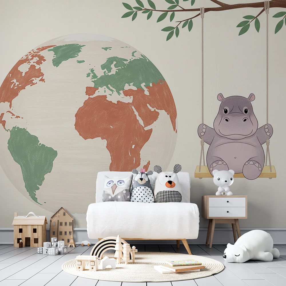 Papel de parede quarto bebê | Весела хипопотам на люлка със света в дъното