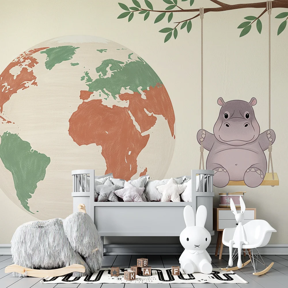 Papel de parede quarto bebê | Весела хипопотам на люлка със света в дъното