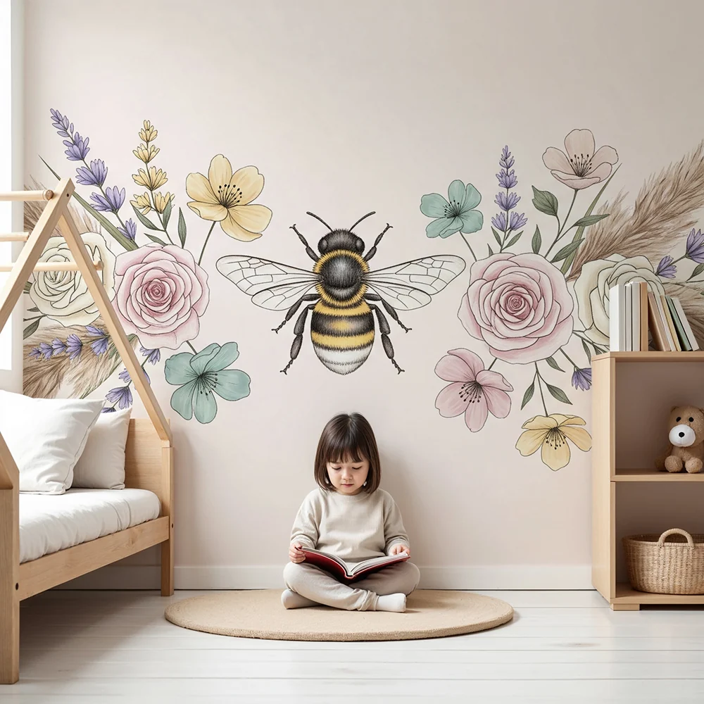 Papel de parede quarto bebê | Пчела и нежни цветя в пастелен фон