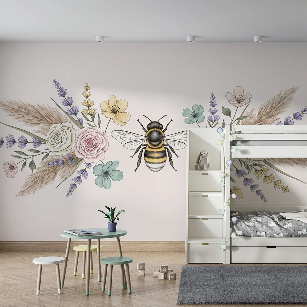 Papel de parede quarto bebê | Пчела и нежни цветя в пастелен фон