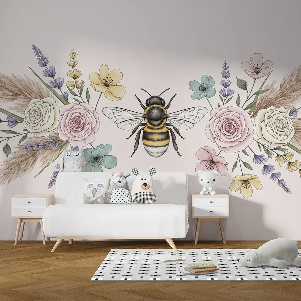 Papel de parede quarto bebê | Пчела и нежни цветя в пастелен фон