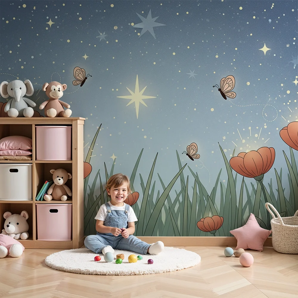 Papel de parede quarto bebê | Светещи цветя под звездно небе