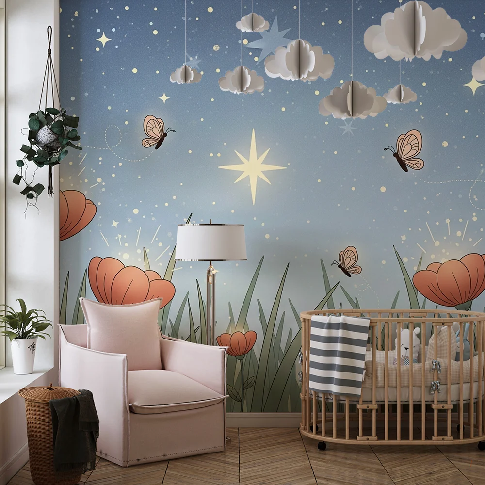 Papel de parede quarto bebê | Светещи цветя под звездно небе