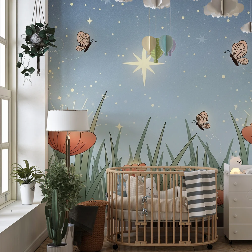 Papel de parede quarto bebê | Светещи цветя под звездно небе