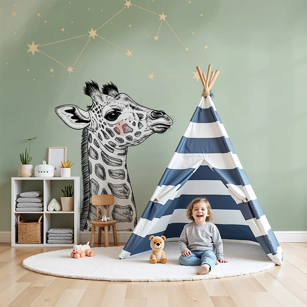 Papel de parede quarto bebê | Мечтателна жираф под звездите