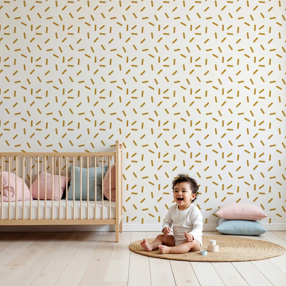 Papel de parede quarto bebê | Abstrato com linhas douradas em fundo branco