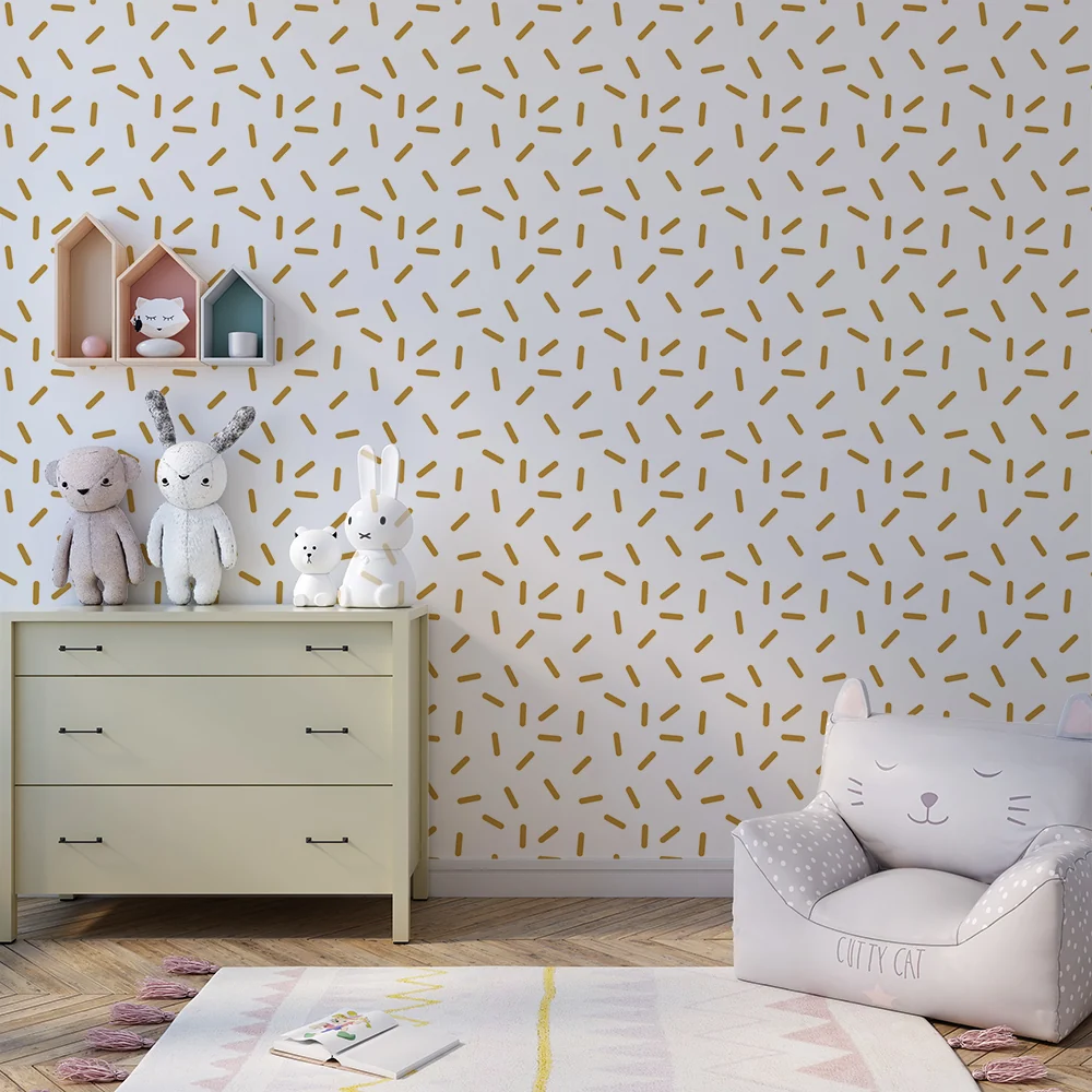 Papel de parede quarto bebê | Abstrato com linhas douradas em fundo branco