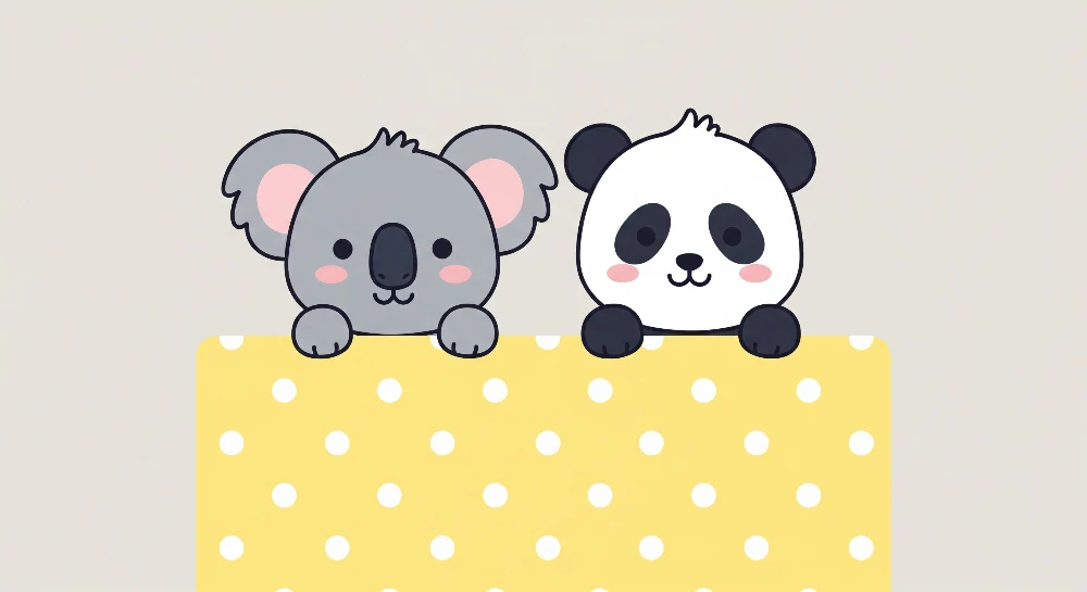 Papel de parede quarto bebê | Adoráveis coalas e pandas em um fundo amarelo com bolinhas