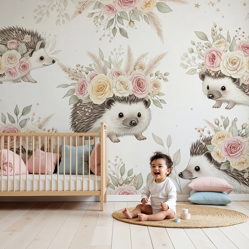 Papel de parede quarto bebê | Adoráveis ouriços com coroas de flores