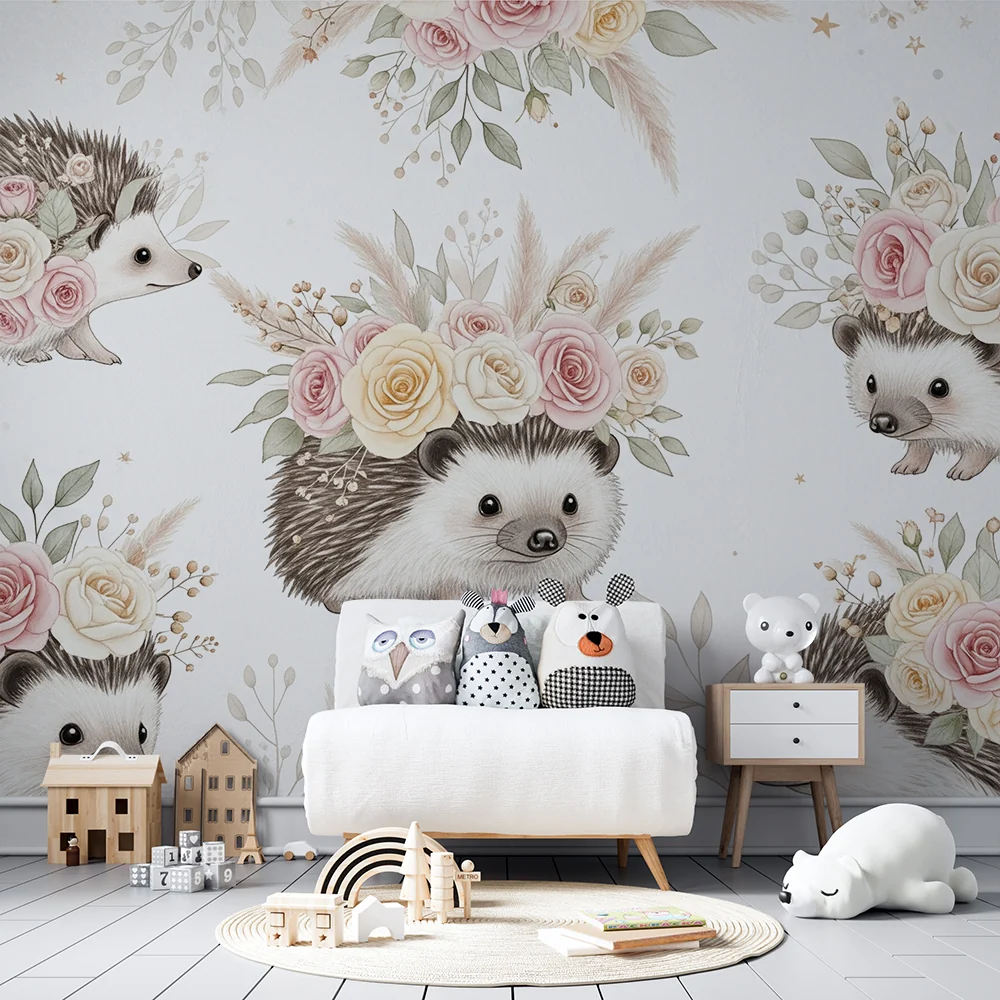 Papel de parede quarto bebê | Adoráveis ouriços com coroas de flores