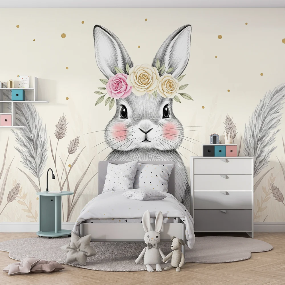 Papel de parede quarto bebê | Adorável coelho com coroa de flores