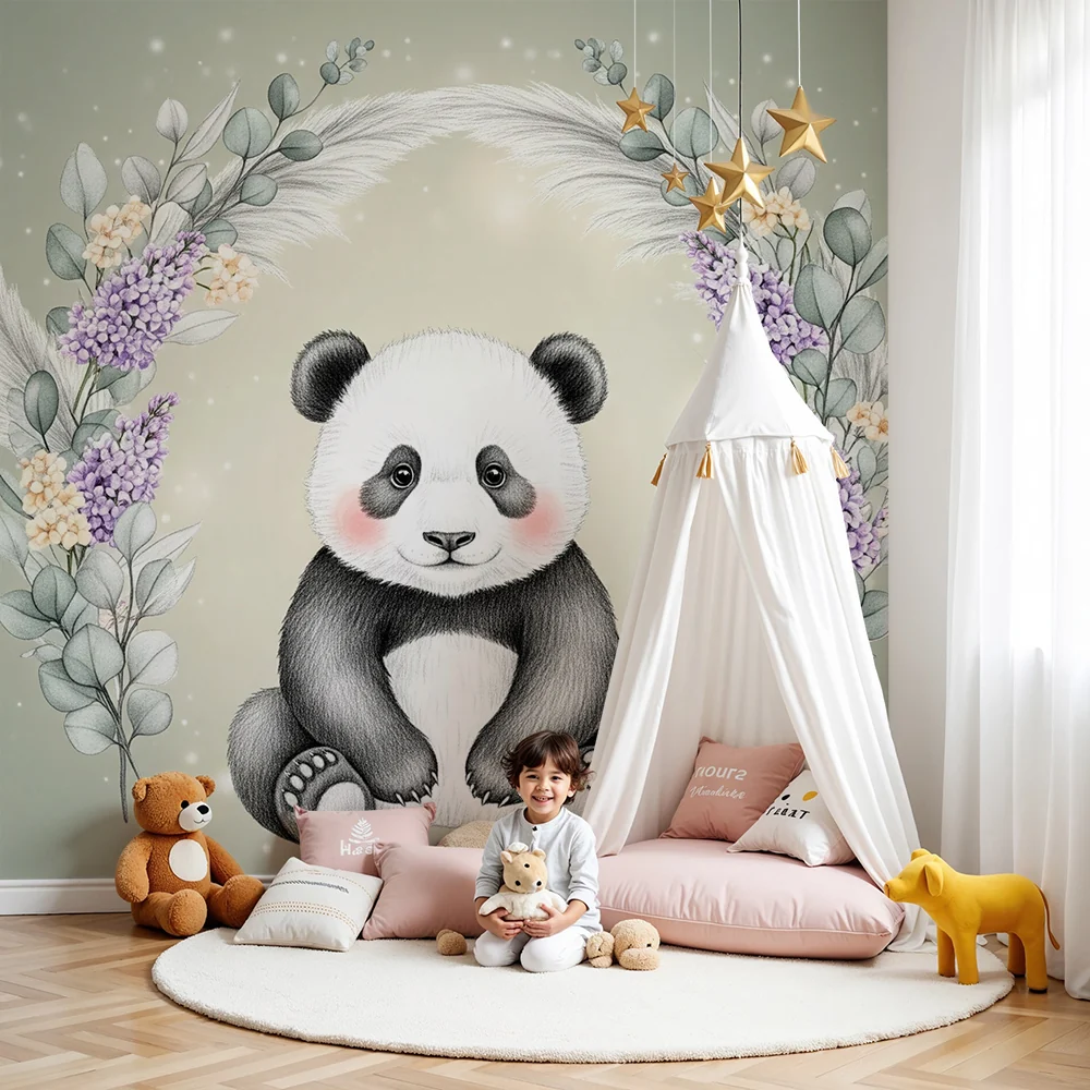 Papel de parede quarto bebê | Adorável panda e flores delicadas
