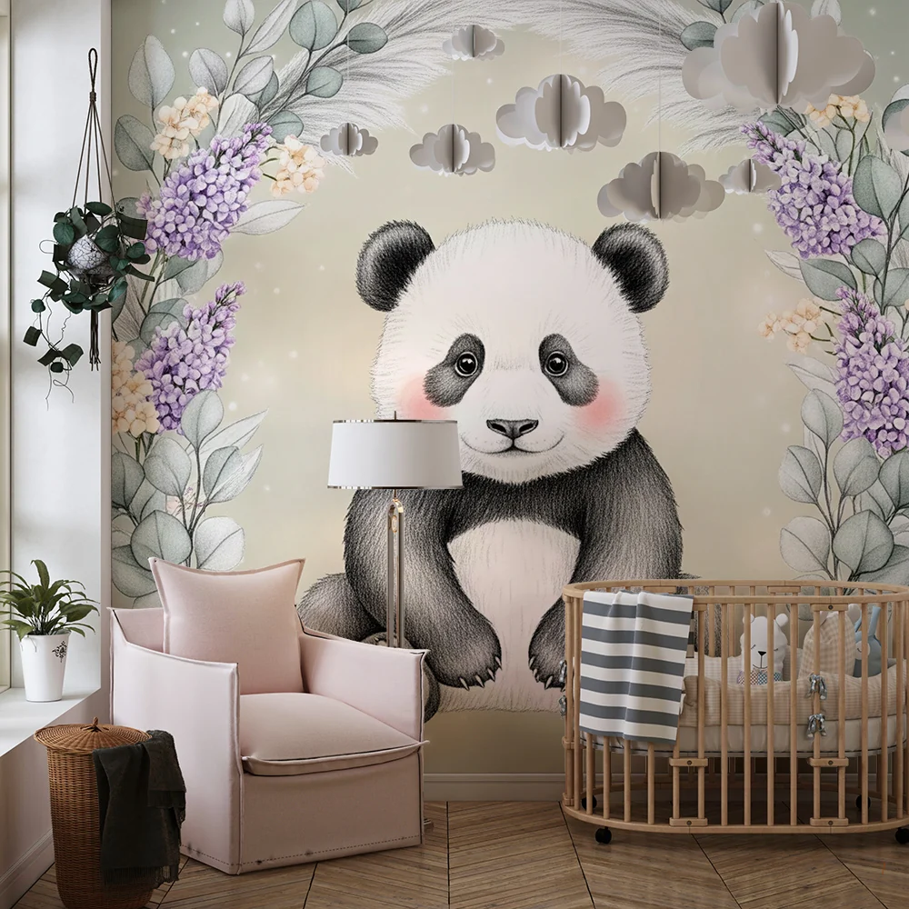 Papel de parede quarto bebê | Adorável panda e flores delicadas