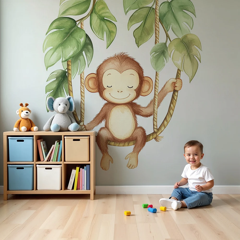 Papel de parede quarto bebê | Alegre macaco e folhas tropicais