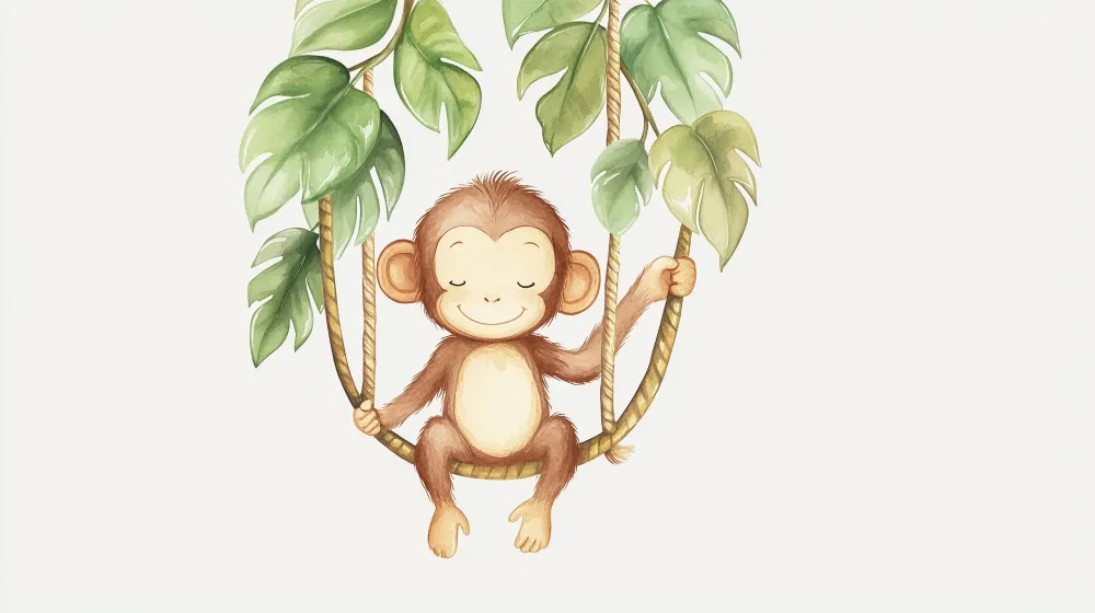 Papel de parede quarto bebê | Alegre macaco e folhas tropicais