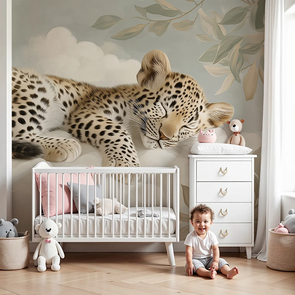 Papel de parede quarto bebê | Bebê leopardo dormindo em nuvens macias