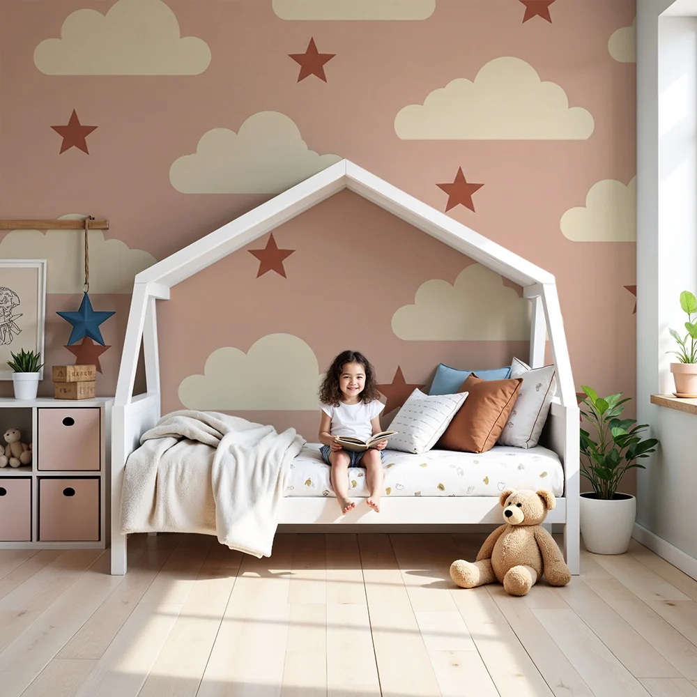 Papel de parede quarto bebê | Bege nuvens e estrelas em fundo rosa