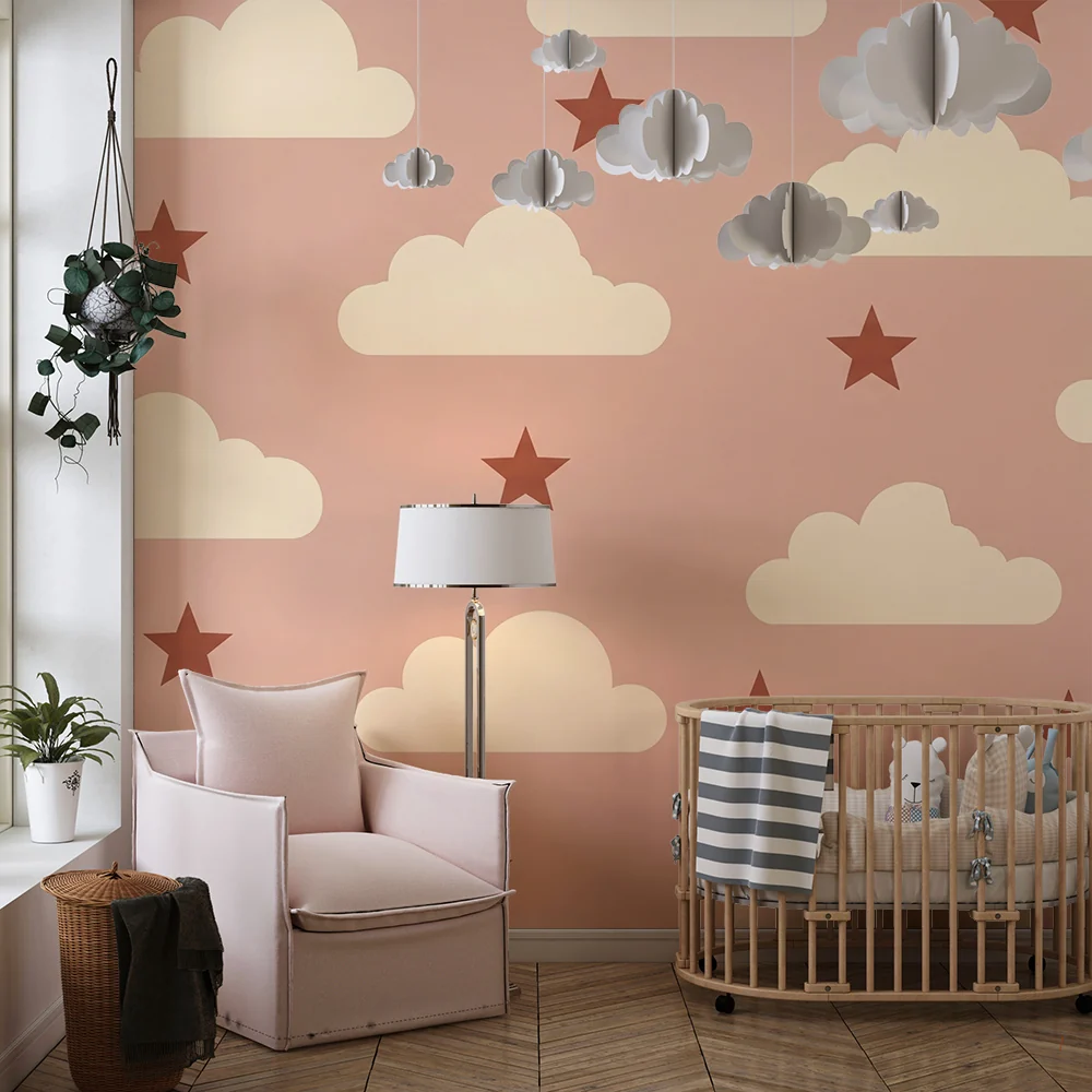 Papel de parede quarto bebê | Bege nuvens e estrelas em fundo rosa