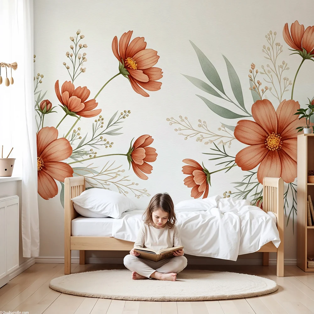 Papel de parede quarto bebê | Belas flores delicadas e folhagem suave