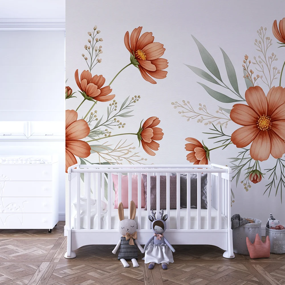 Papel de parede quarto bebê | Belas flores delicadas e folhagem suave