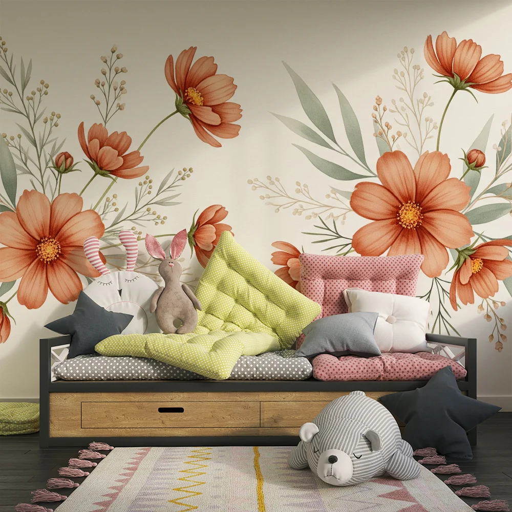 Papel de parede quarto bebê | Belas flores delicadas e folhagem suave