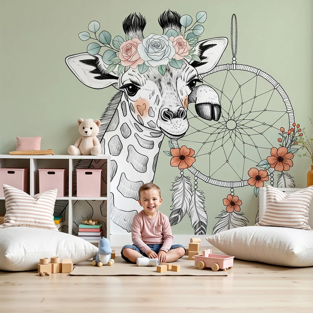 Papel de parede quarto bebê | Bohemian giraffe dream catcher