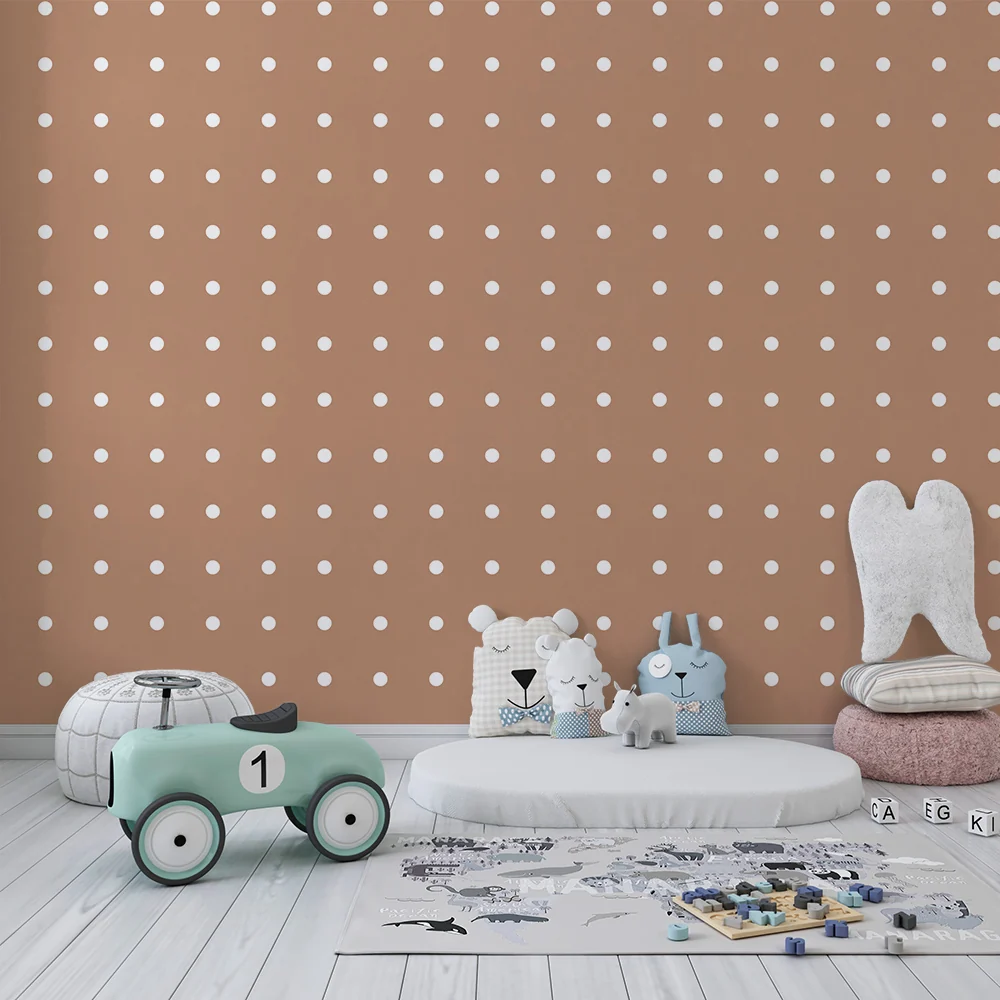 Papel de parede quarto bebê | Bolinhas brancas em fundo terracota