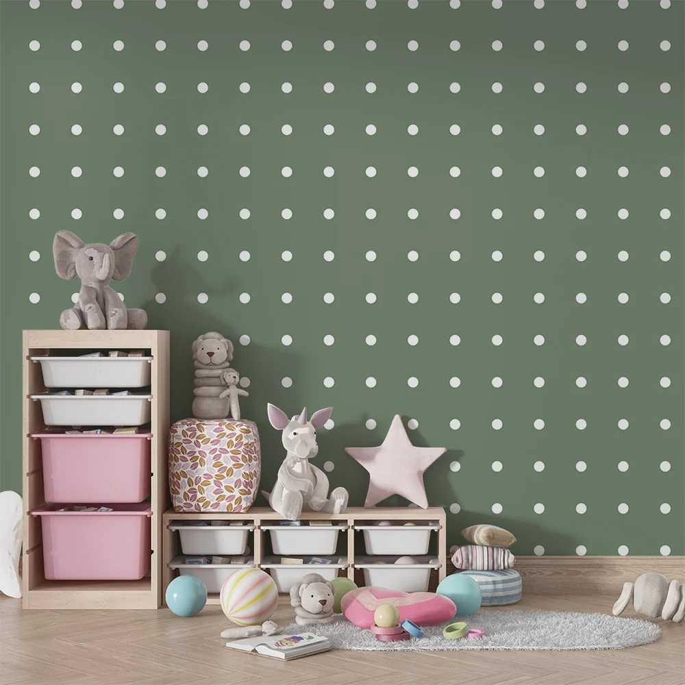 Papel de parede quarto bebê | Bolinhas brancas em fundo verde suave