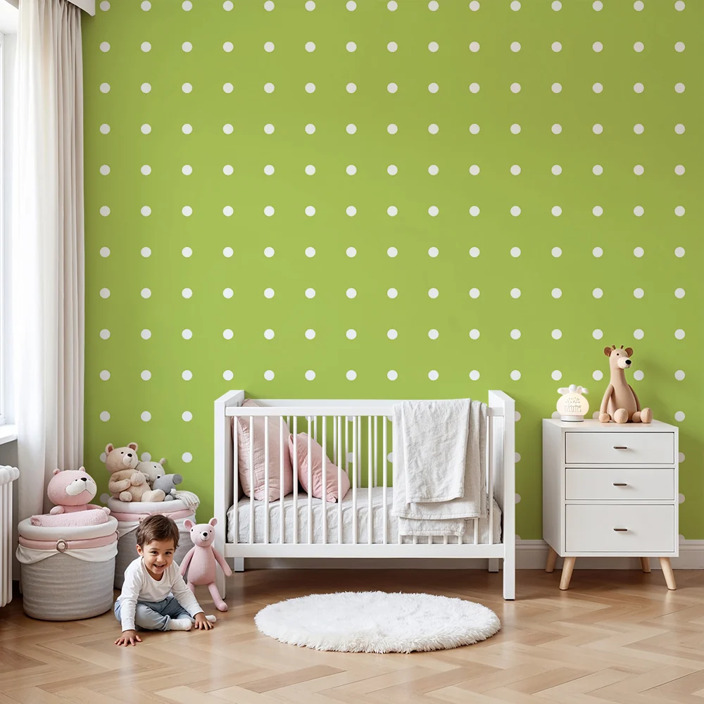 Papel de parede quarto bebê | Bolinhas brancas em fundo verde claro