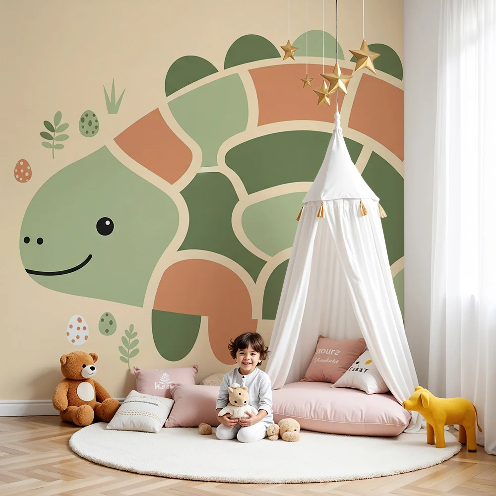 Papel de parede quarto bebê | Bonita tartaruga colorida com ovos e folhagem