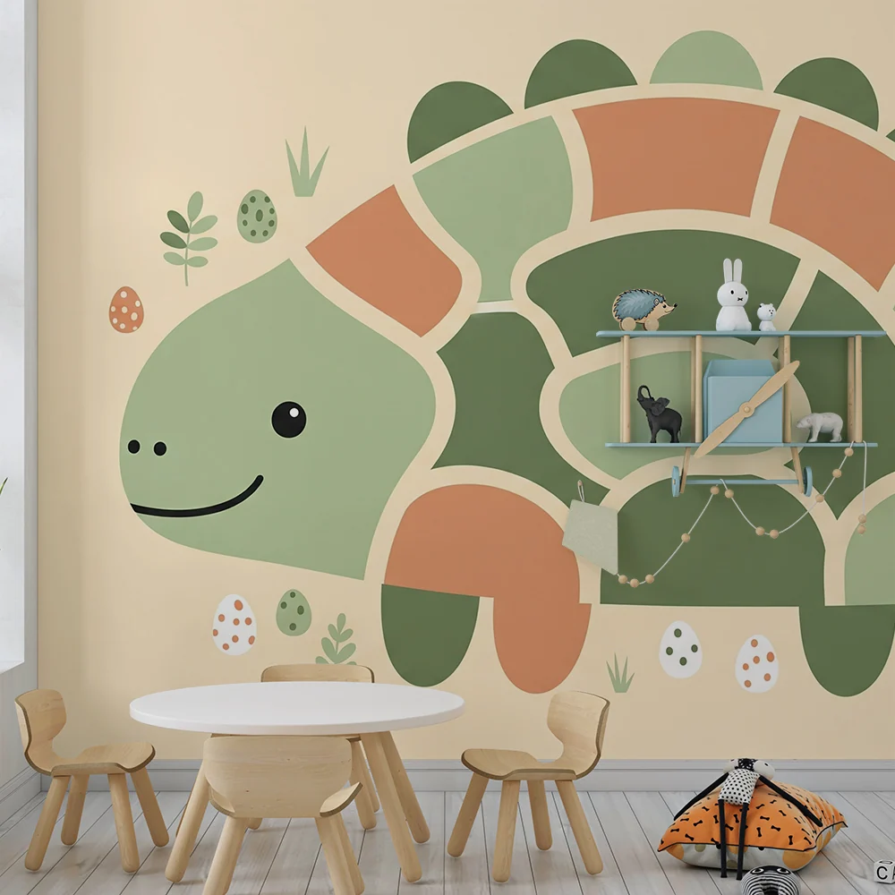 Papel de parede quarto bebê | Bonita tartaruga colorida com ovos e folhagem