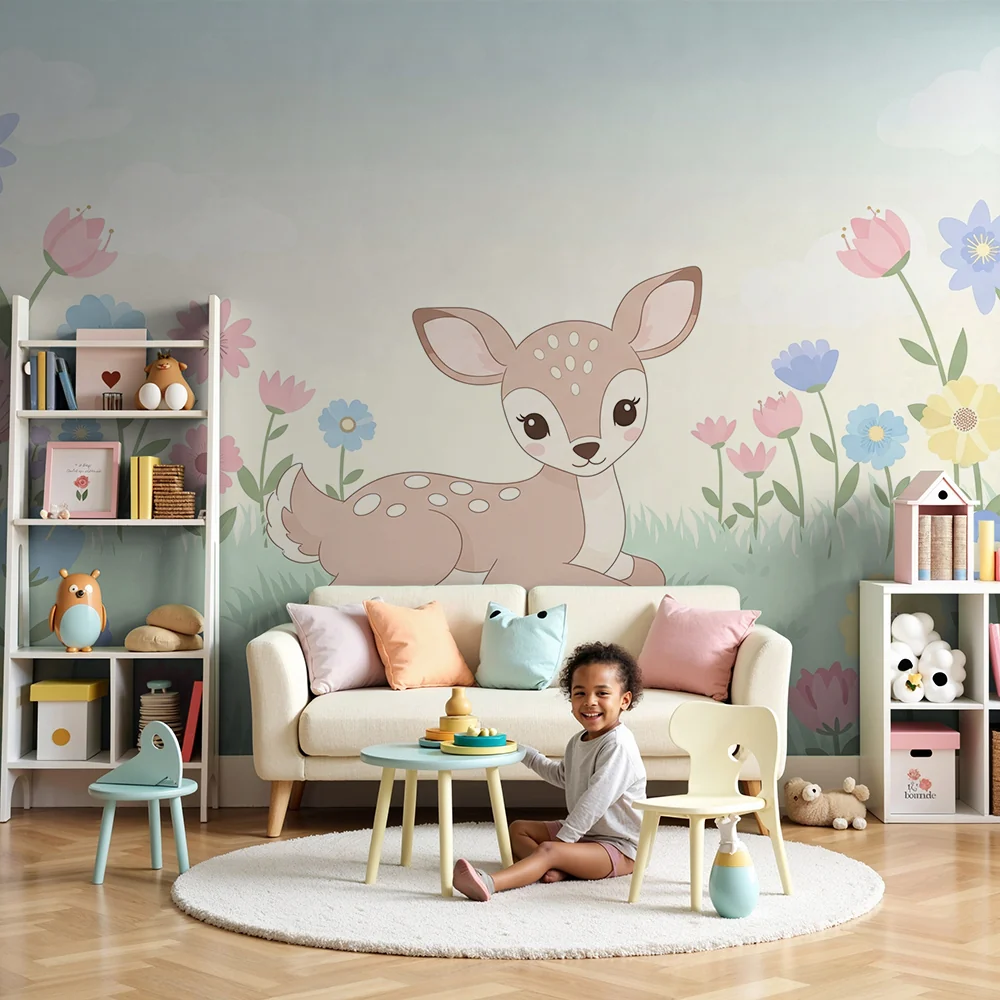 Papel de parede quarto bebê | Bonito cervo entre flores coloridas
