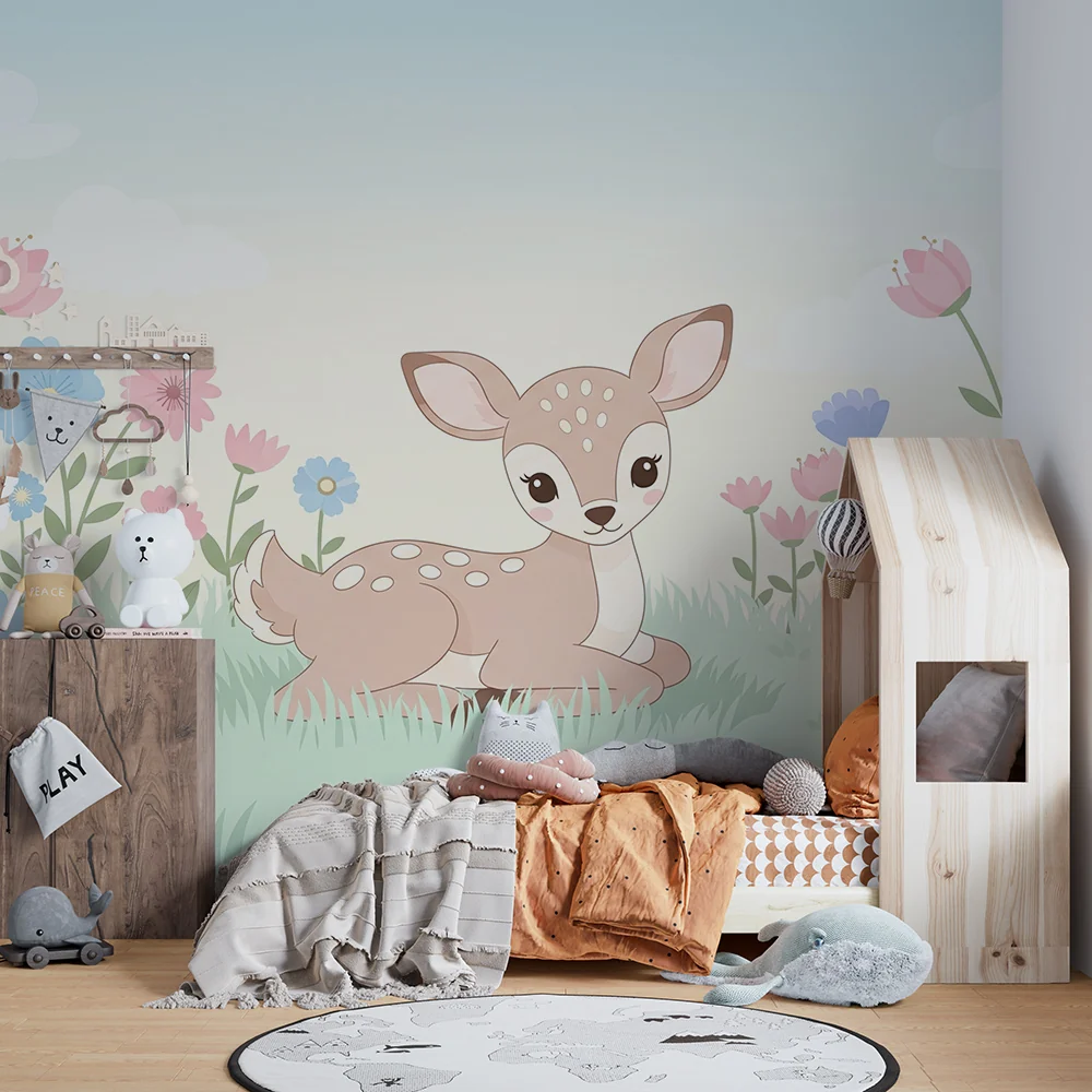 Papel de parede quarto bebê | Bonito cervo entre flores coloridas