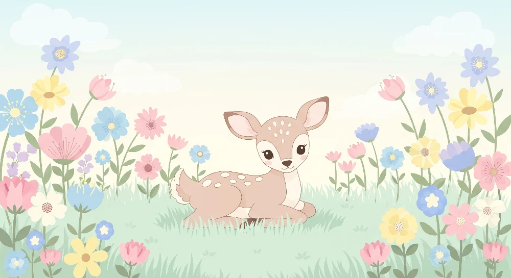 Papel de parede quarto bebê | Bonito cervo entre flores coloridas