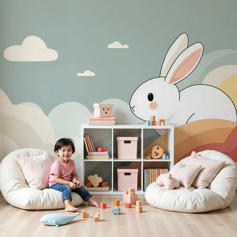 Papel de parede quarto bebê | Bonito coelho em um arco-íris pastel