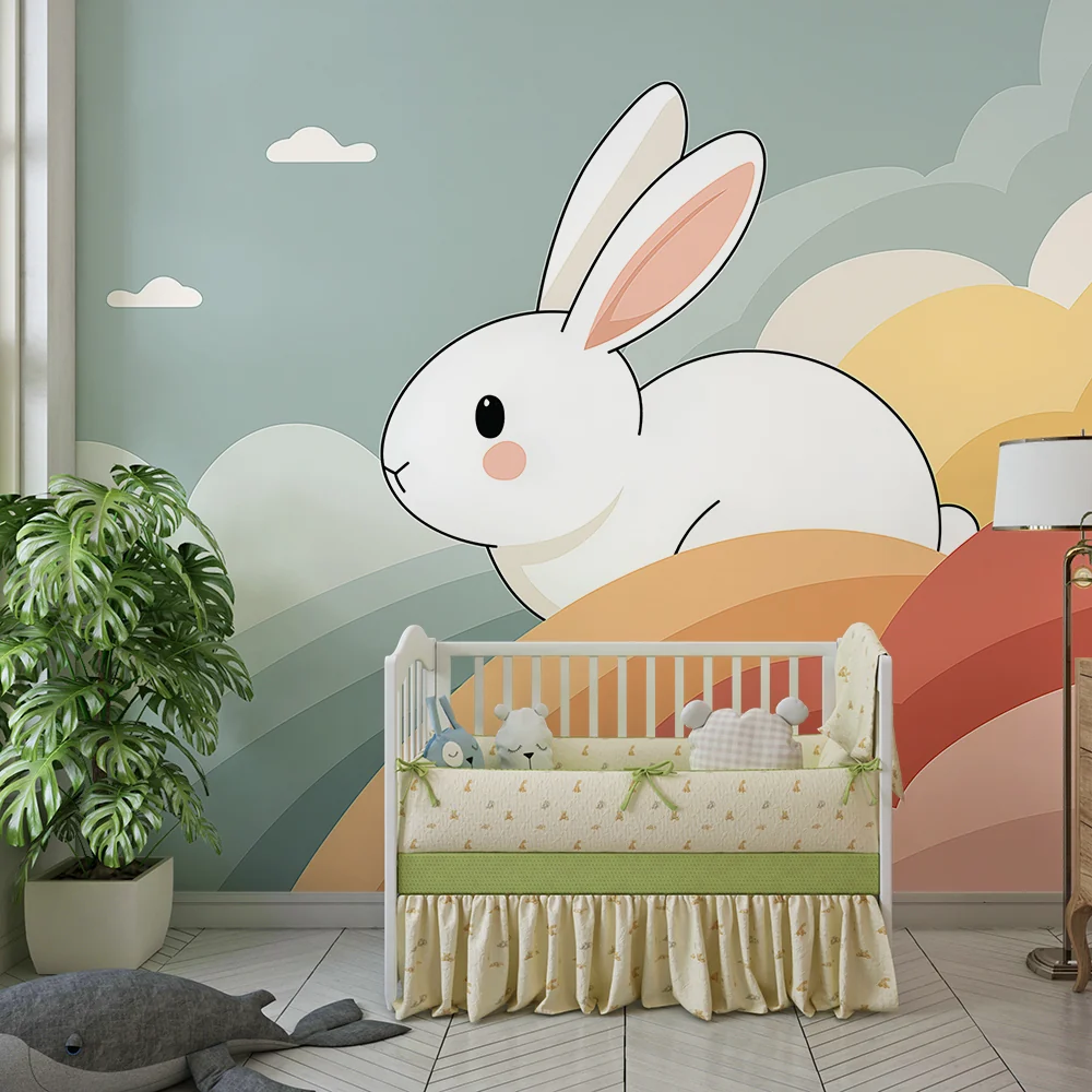 Papel de parede quarto bebê | Bonito coelho em um arco-íris pastel